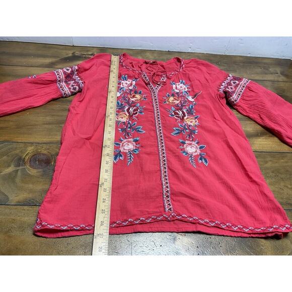 Johnny Was Workshop Medium Red Floral Embroidered V Neck Tunic Top Blouse - Picture 7 of 10